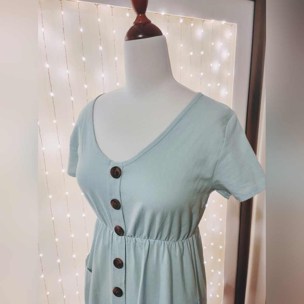 NWOT Light Blue-Mint Button Down Dress, Pockets - Picture 2 of 9